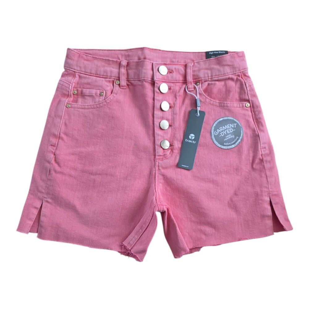 Tractr Pink Denim High Rise Raw Hem Button Fly Shorts 25